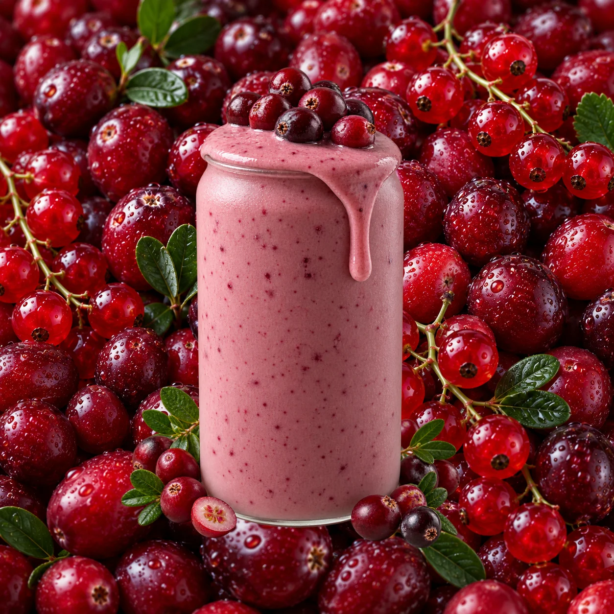 Styled serving of a berry meal mix surrounded by cranberries and redcurrants