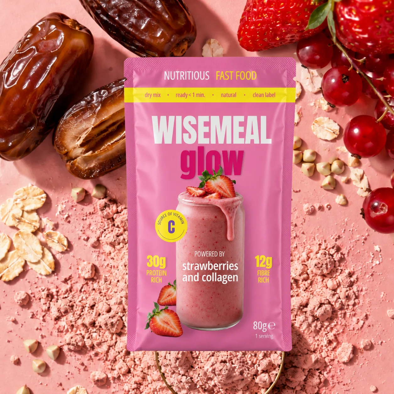 WISEMEAL GLOW strawberry dry meal mix with fruit and ingredients